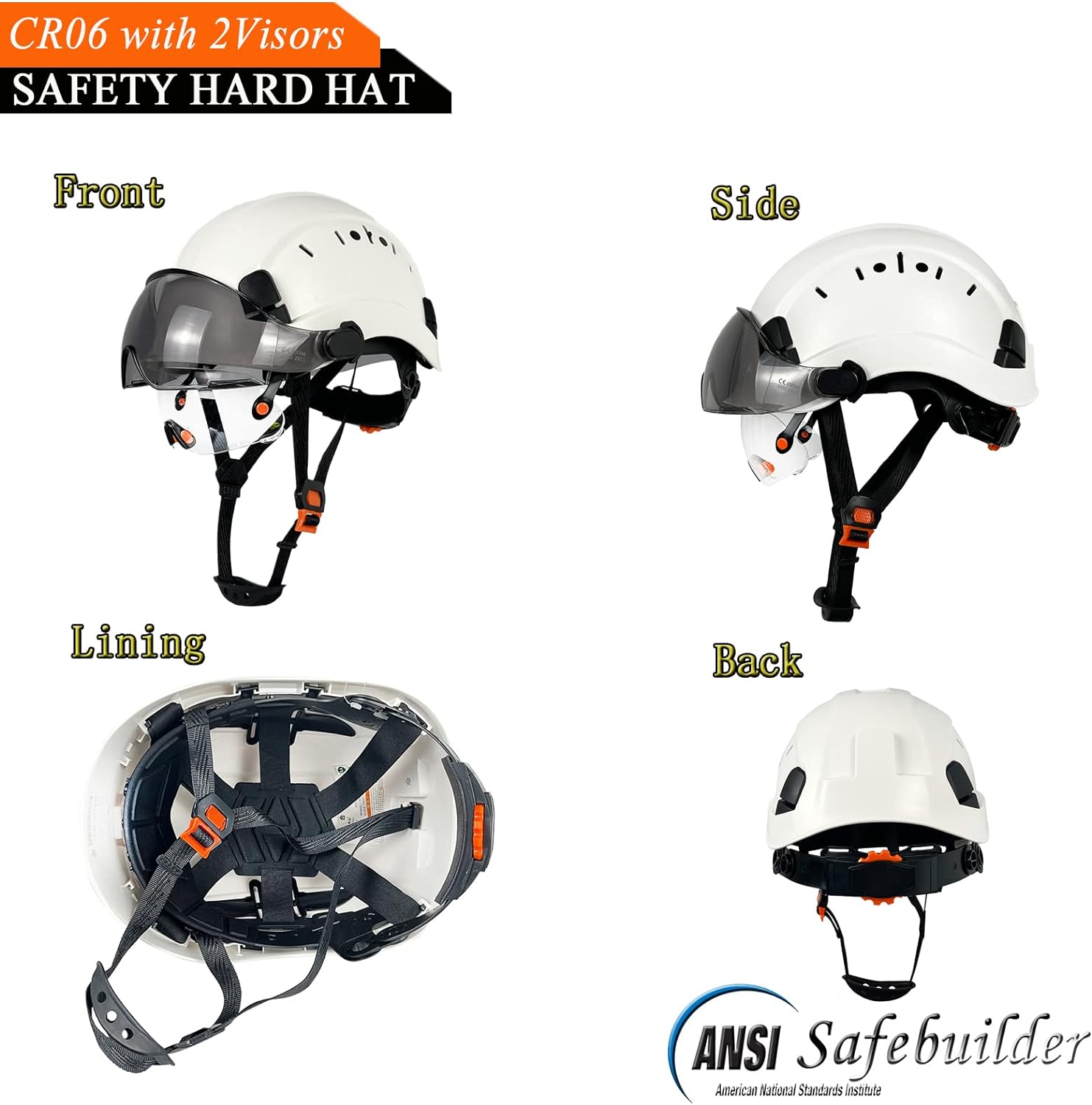 SAFEBUILDER CR06+2V Construction Safety Helmet with Build-in Visor ABS Hard  Hat with Visor Adjustable Ventilation OSHA Approved Hardhats Work Head  Protection Certified ANSI/ISEA Z89.1 - JR SAFETY BOOTS